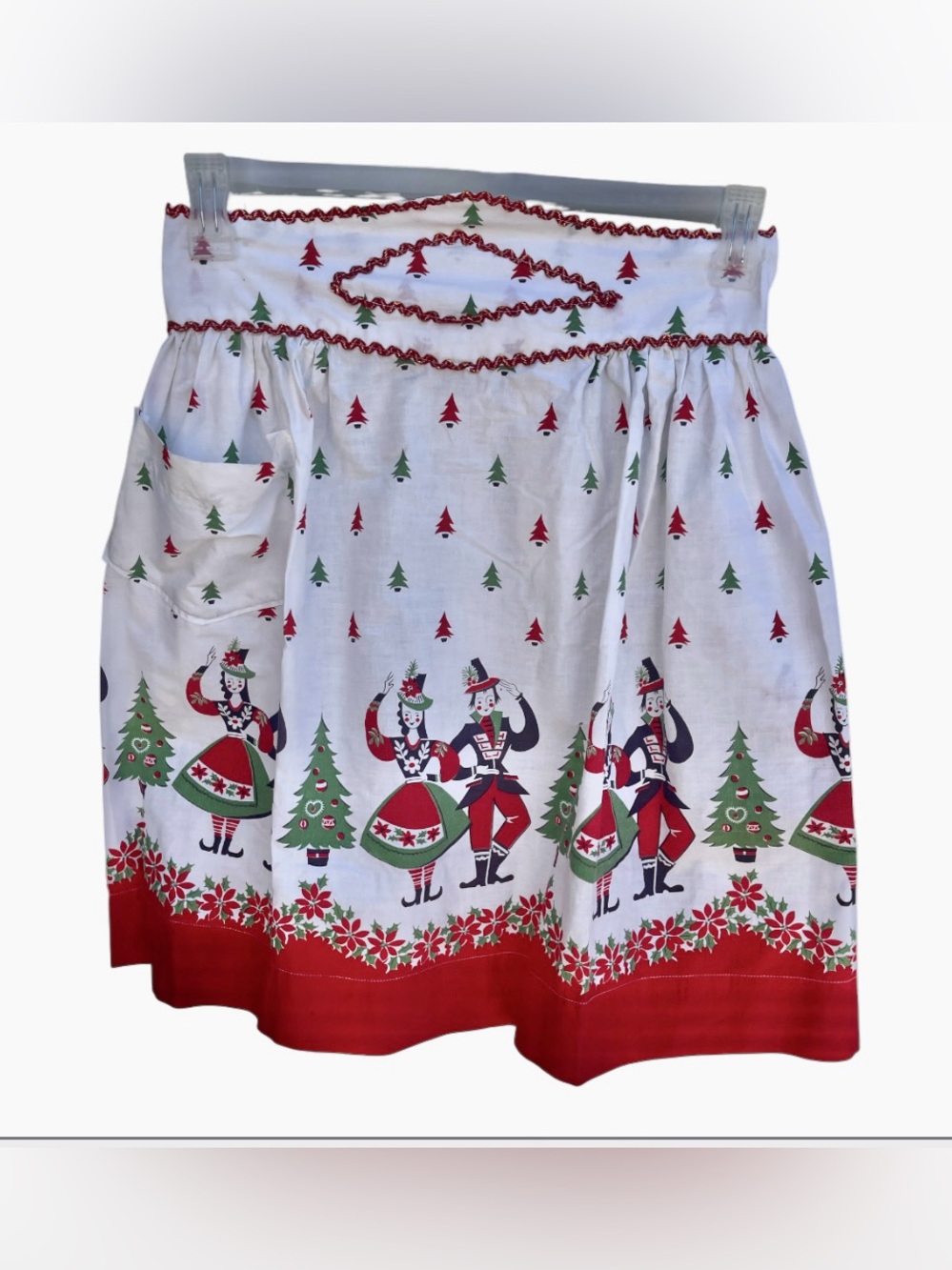 Vintage 1950s Christmas Half Apron Folk Dancers Pine Trees Rickrack Trim